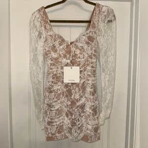 Nude and white lace ruched body con dress. BRAND NEW.